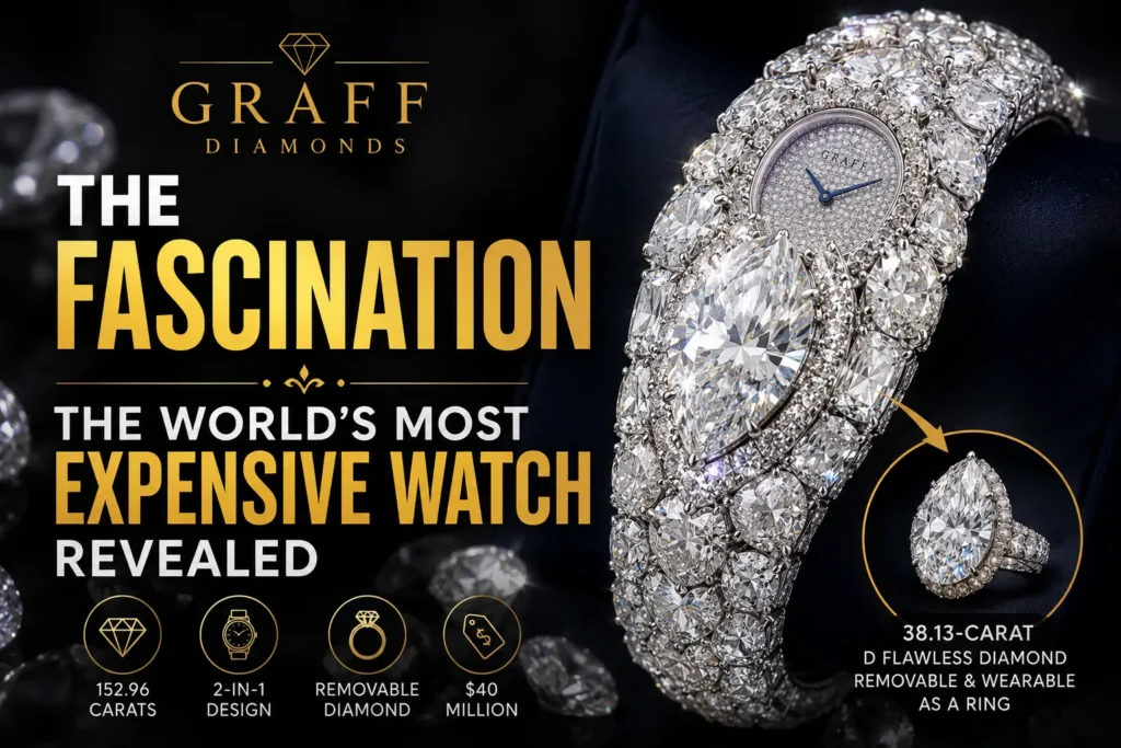 Graff Diamonds The Fascination luxury diamond watch with 152.96 carats and removable 38.13-carat pear-shaped diamond.