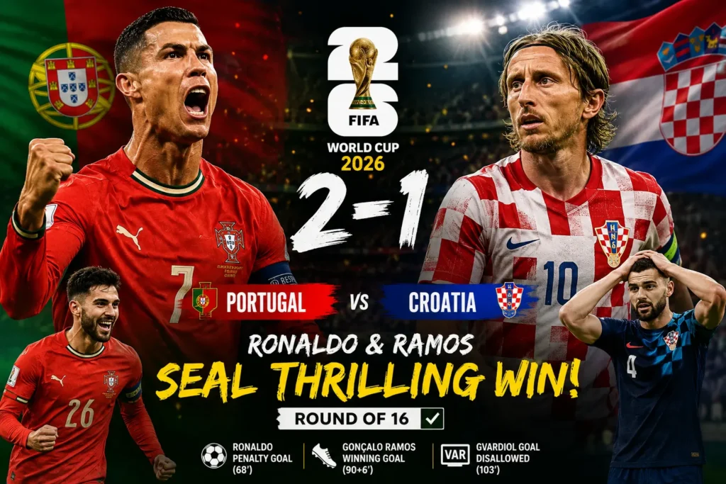 Portugal vs Croatia 2026 World Cup match featuring Cristiano Ronaldo celebrating Portugal's dramatic 2-1 comeback victory.