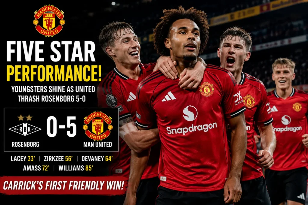 Manchester United players celebrate a dominant 5-0 victory over Rosenborg during a pre-season friendly match.