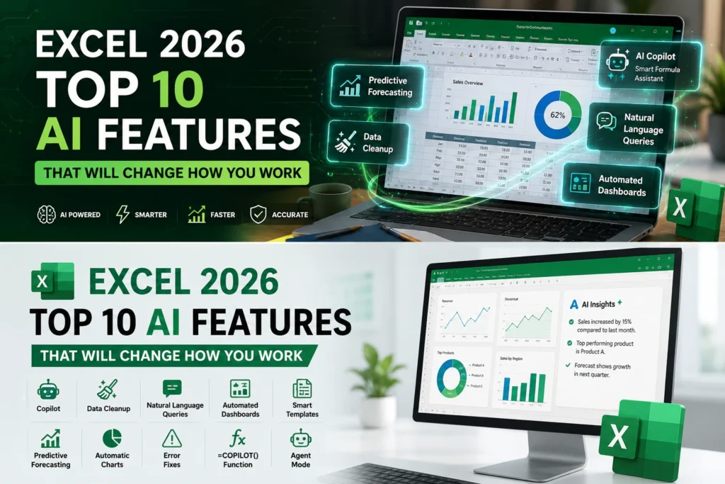 Microsoft Excel 2026 dashboard showcasing AI-powered features like Copilot, Data Cleanup, Predictive Forecasting, Smart Charts, and Agent Mode.