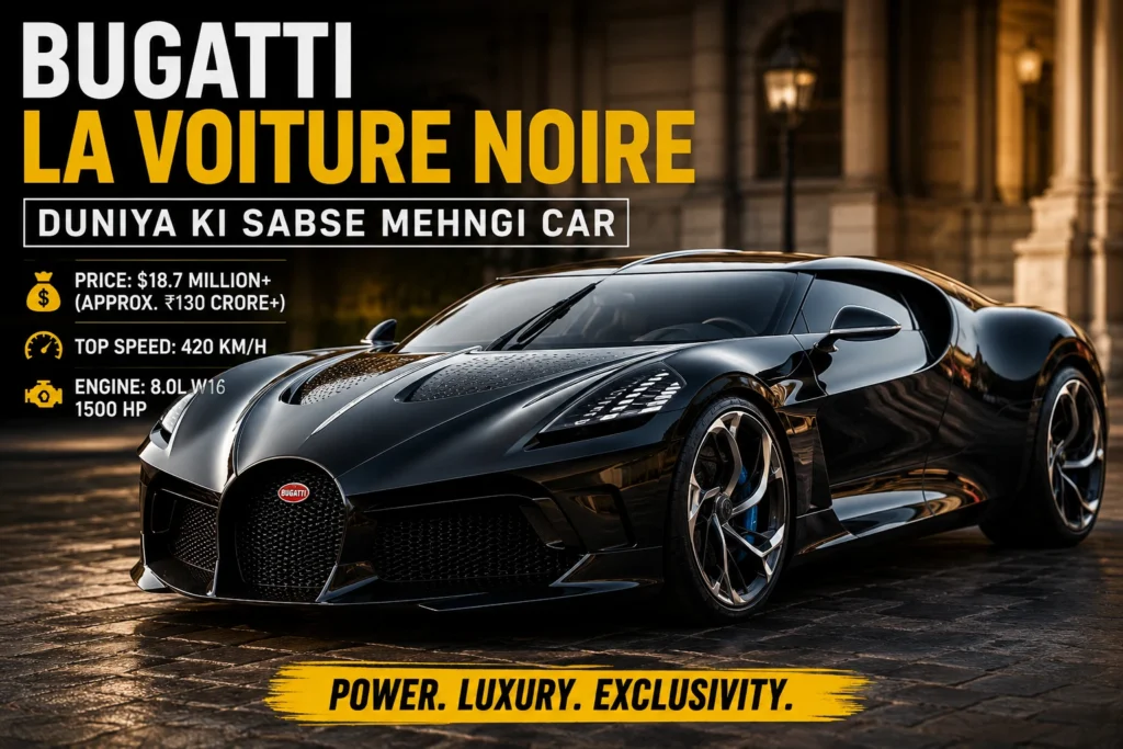 Bugatti La Voiture Noire black hypercar parked with a luxury background, showcasing its premium design and world's most expensive car status.