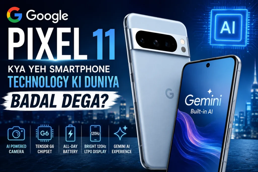 Google Pixel 11 feature image showcasing AI-powered smartphone with Tensor G6 chip, advanced camera, Gemini AI and premium design.