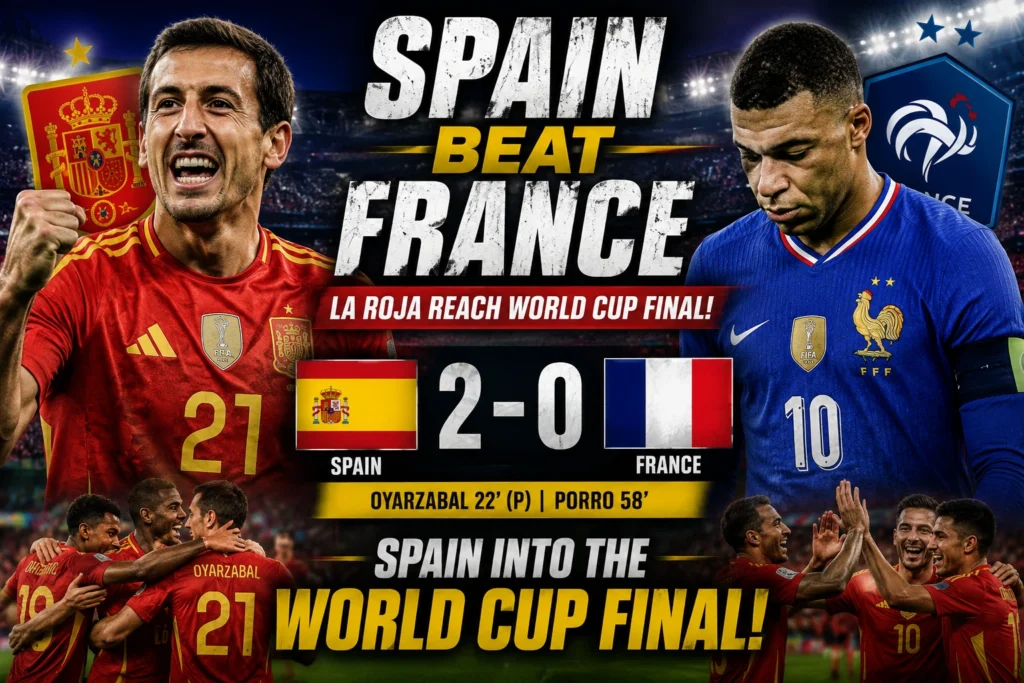 Spain players celebrate a 2-0 victory over France to reach the FIFA World Cup 2026 final.