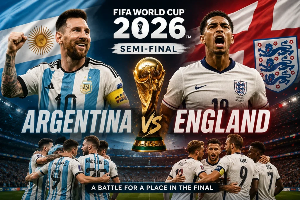 Lionel Messi celebrates as Argentina prepare to face England in the FIFA World Cup 2026 semi-final.