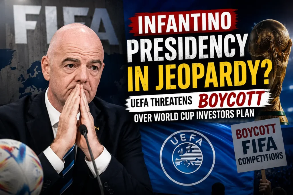 Gianni Infantino reacts as UEFA threatens to boycott FIFA competitions over the controversial World Cup private investment proposal.