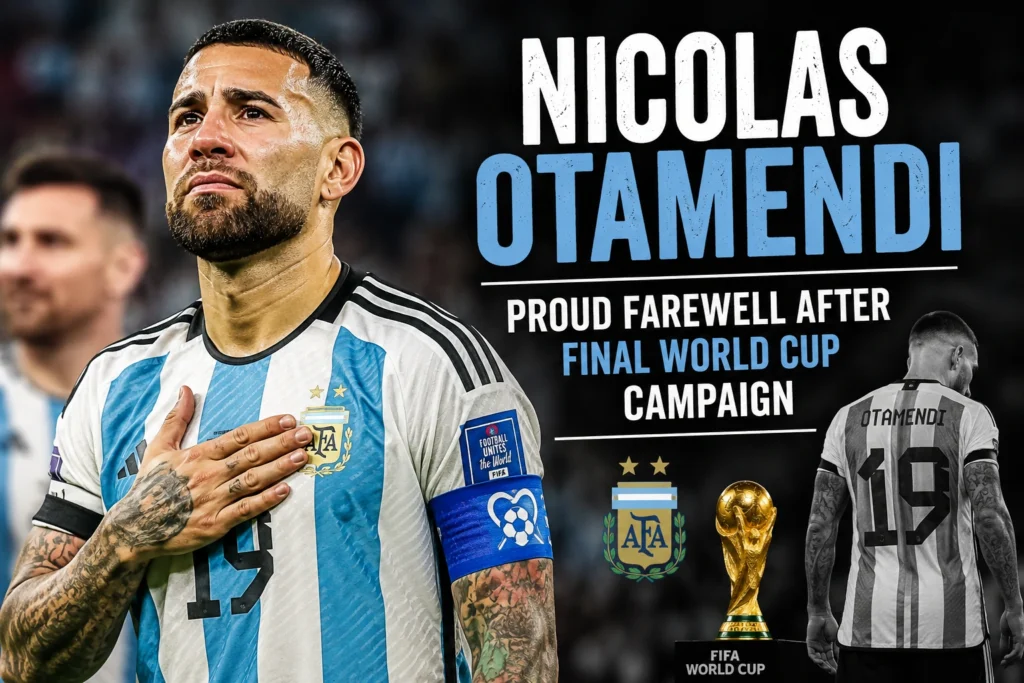 Nicolas Otamendi reacts after Argentina's defeat to Spain in the 2026 FIFA World Cup final, marking the end of his international career.
