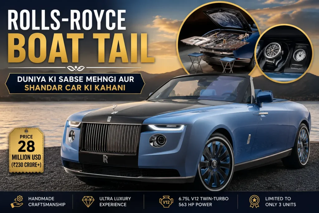 Rolls-Royce Boat Tail luxury car with custom picnic suite, premium design and ₹230 crore estimated price.