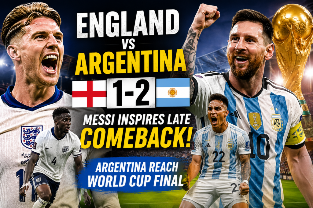 England vs Argentina World Cup semi-final featuring Lionel Messi celebrating after Argentina's dramatic 2-1 comeback victory over England.