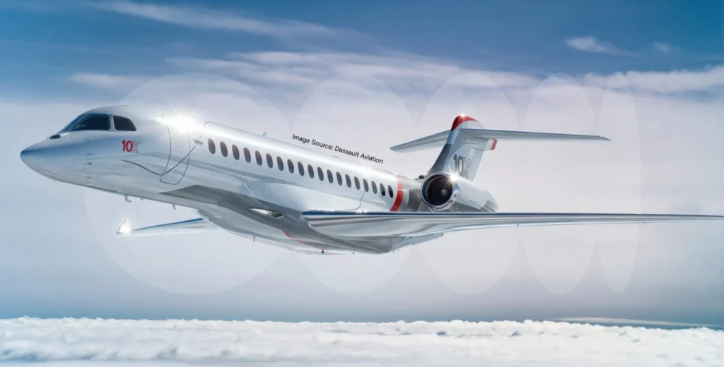A Dassault Falcon 10X private jet flying over the ocean, showcasing its sleek design, luxury, speed and long-range aviation capabilities.
