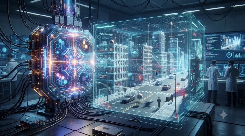 AI World Models digital Earth with futuristic AI simulation and robotics.