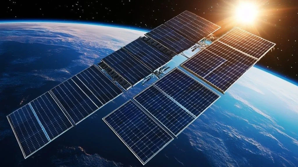 Orbit me Earth ke upar solar panels ke saath futuristic AI space data center ka realistic concept.