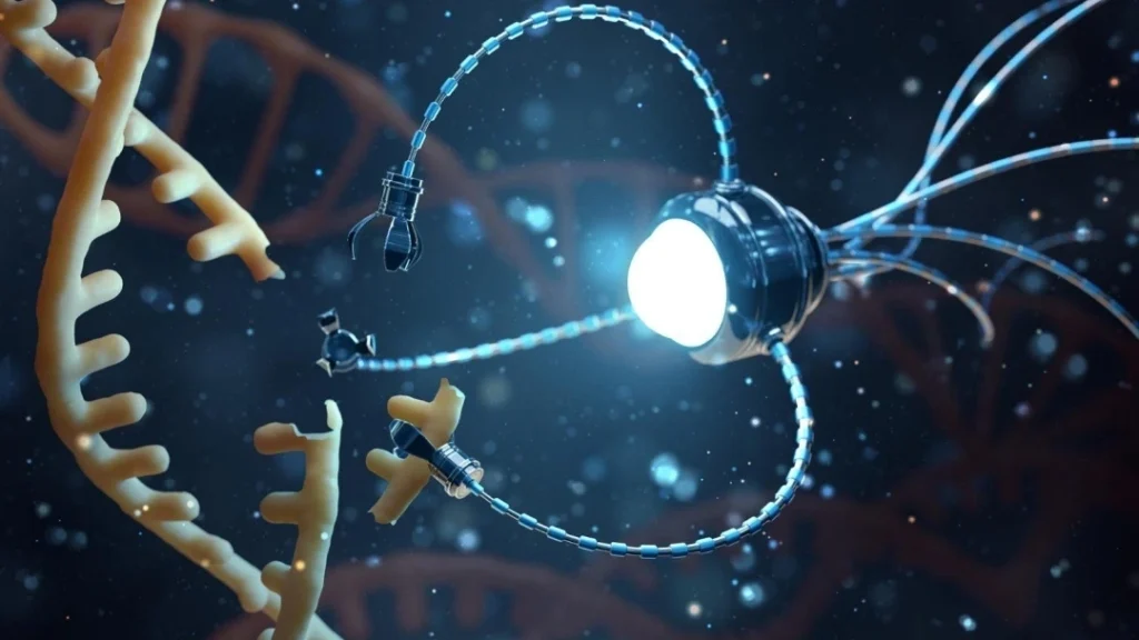 DNA Robot bloodstream ke andar cancer cell ko target karke medicine release karta hua programmable nanobot.
