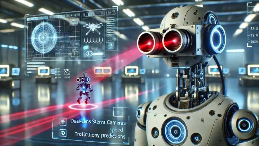 Humanoid robot sprinting inside a futuristic AI robotics laboratory with robotic arms.