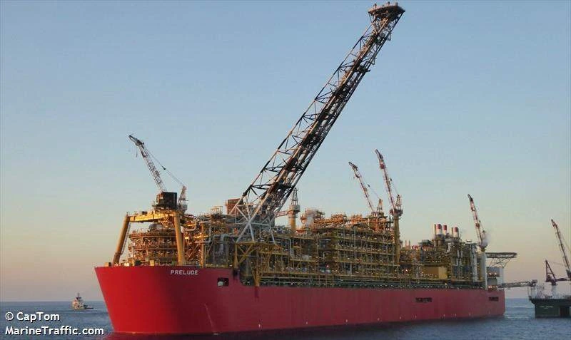 Prelude FLNG, the world's largest floating LNG plant, operating offshore with advanced gas processing facilities in the middle of the ocean.