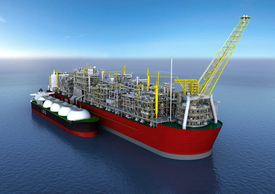 Prelude FLNG, the world's largest floating LNG plant, operating offshore with advanced gas processing facilities in the middle of the ocean.