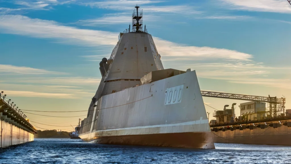 USS Zumwalt-Class Destroyer sailing across the ocean, showcasing its futuristic stealth design and advanced naval technology.