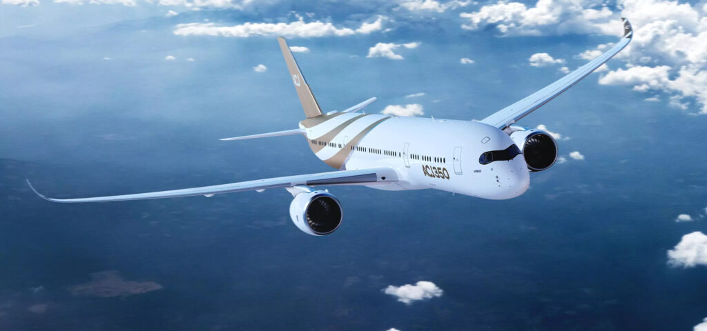 Airbus ACJ350 flying above the clouds, showcasing its luxury design, long-range capability and premium private jet experience.