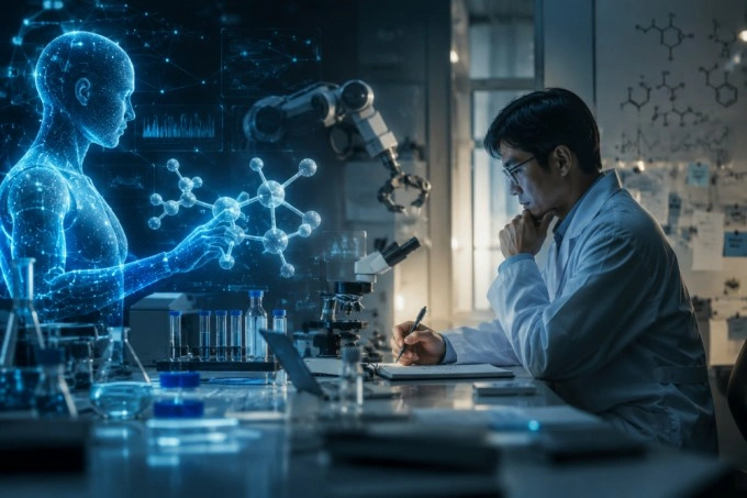 AI Co-Scientist digital brain hologram inside a futuristic scientific research laboratory with molecular models and advanced microscope.