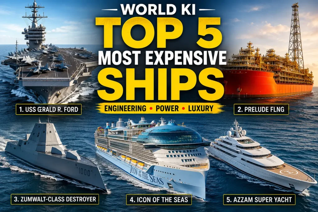 World's top 5 most expensive ships including USS Gerald R. Ford, Prelude FLNG, Zumwalt-Class Destroyer, Icon of the Seas and Azzam superyacht.