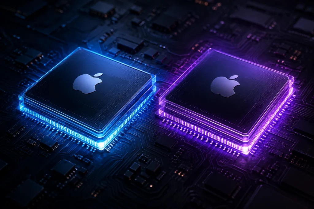 Apple M5 Ultra and M6 chips on a glowing circuit board