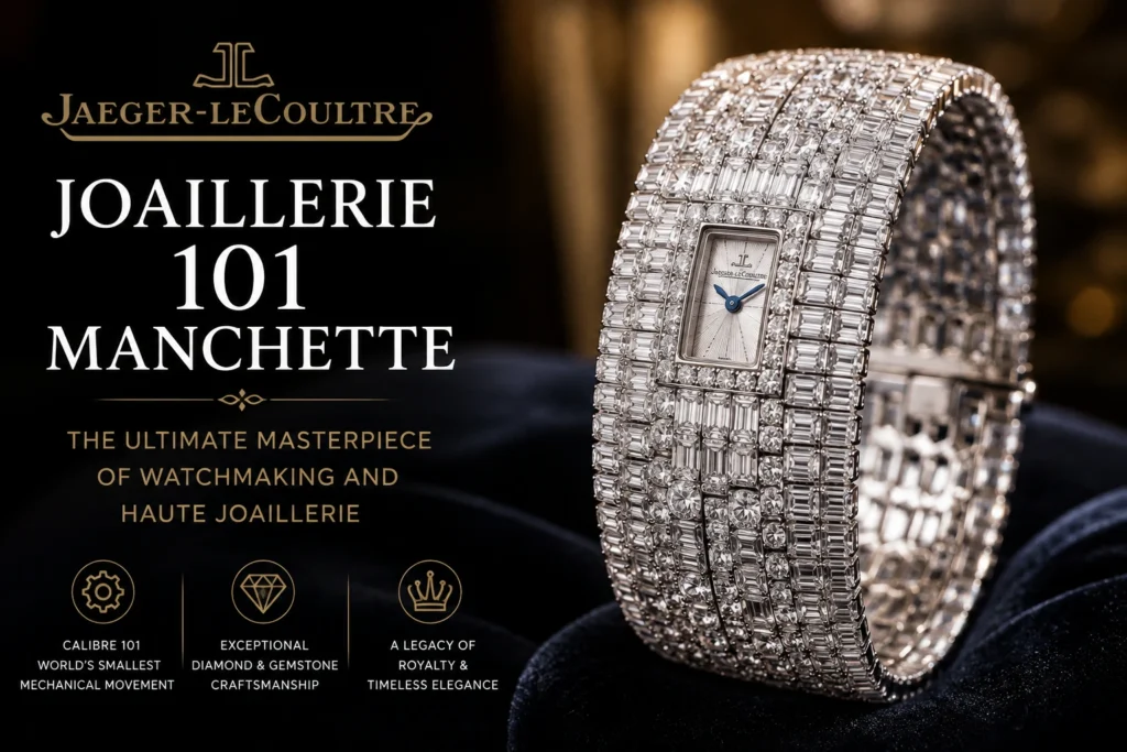 Jaeger-LeCoultre Joaillerie 101 Manchette luxury diamond cuff watch featuring the iconic Calibre 101 movement with elegant Swiss craftsmanship.