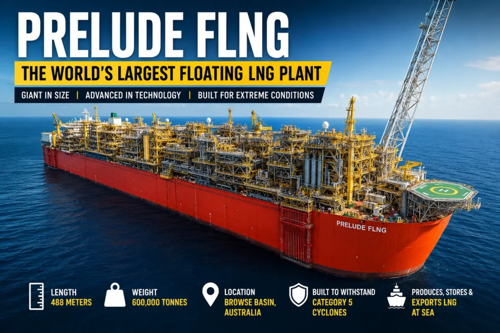 Prelude FLNG, the world's largest floating LNG plant, operating offshore with advanced gas processing facilities in the middle of the ocean.