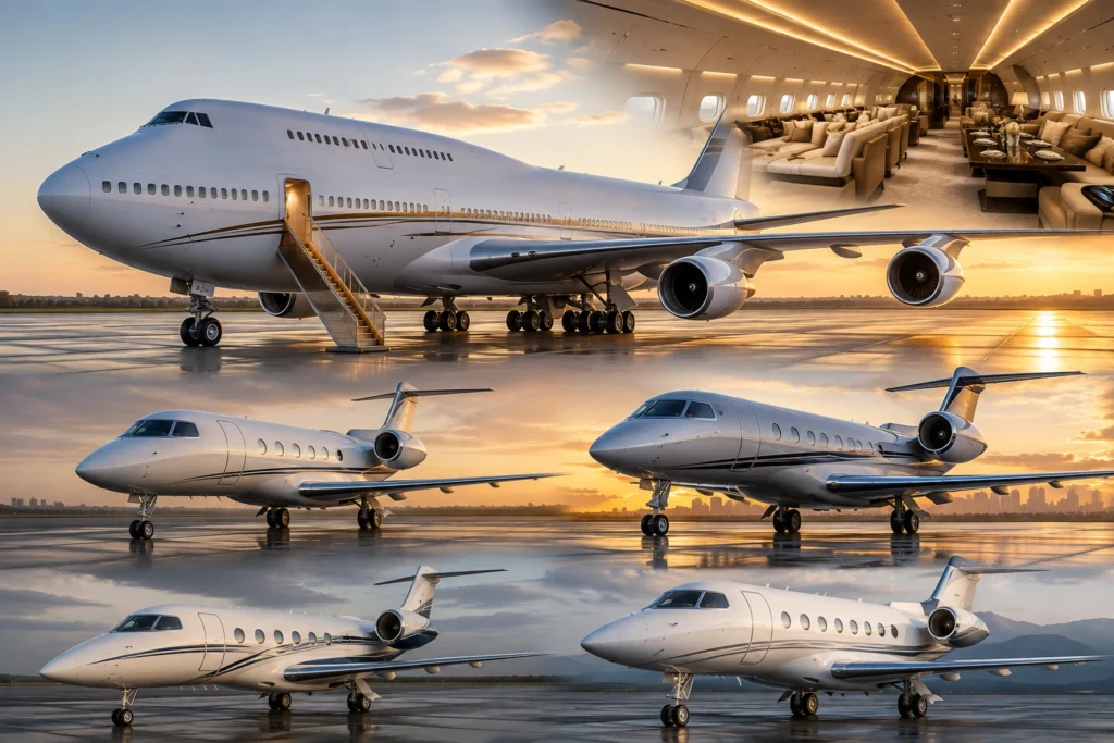 Top 5 Most Luxurious Private Jets in the World featuring Boeing BBJ 747-8, Airbus ACJ350, Gulfstream G700, Bombardier Global 8000, and Dassault Falcon 10X