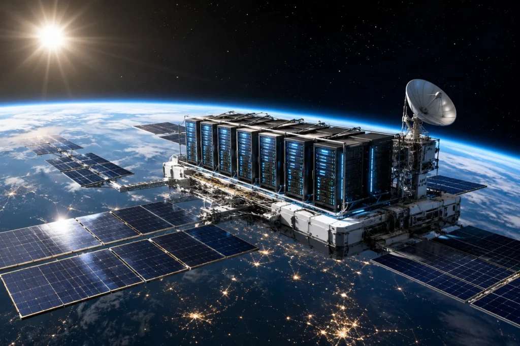 Orbit me Earth ke upar solar panels ke saath futuristic AI space data center ka realistic concept.