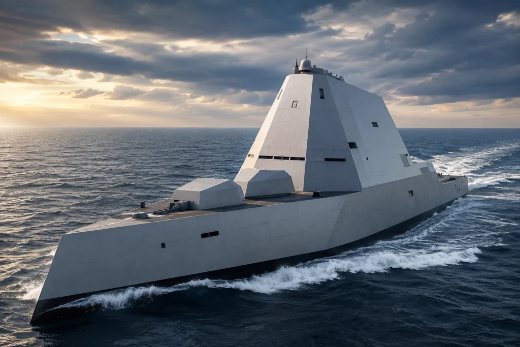 USS Zumwalt-Class Destroyer sailing across the ocean, showcasing its futuristic stealth design and advanced naval technology.