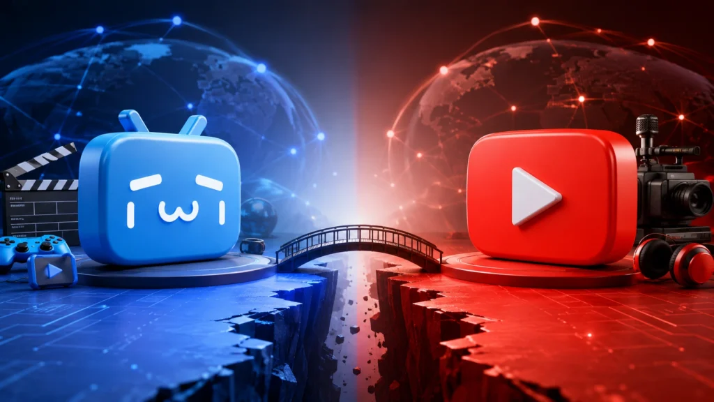 Bilibili Go Global vs YouTube futuristic 3D illustration with a pink Bilibili mascot and red YouTube play button.