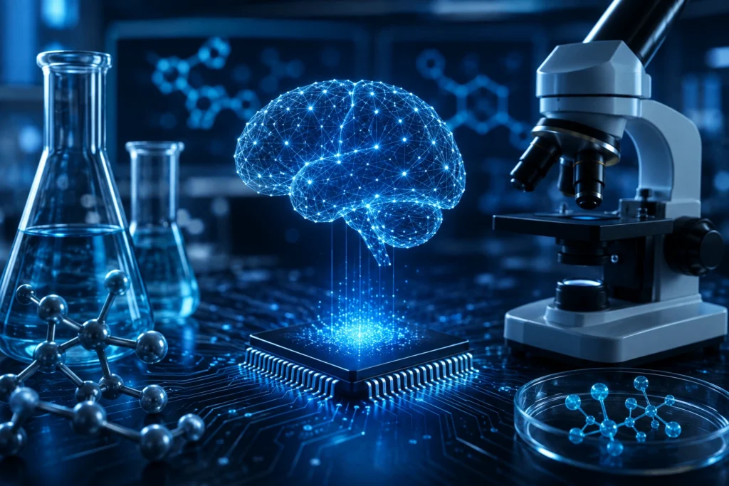 AI Co-Scientist digital brain hologram inside a futuristic scientific research laboratory with molecular models and advanced microscope.