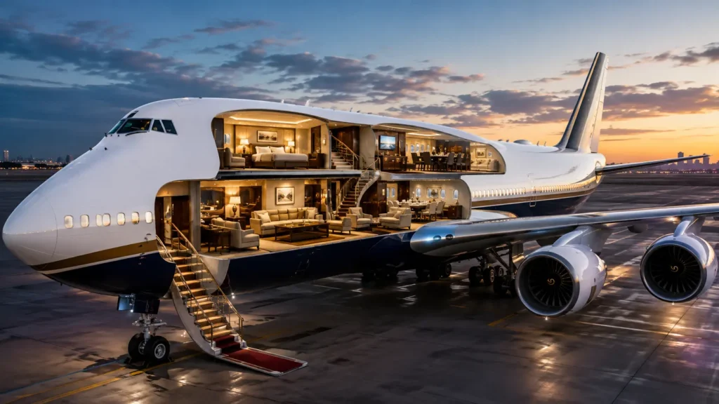 Boeing Business Jet 747-8 luxury private jet with a spacious VIP interior