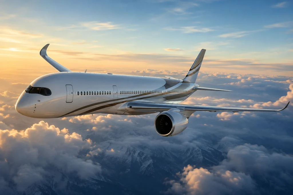 Airbus ACJ350 luxury private jet flying above the clouds