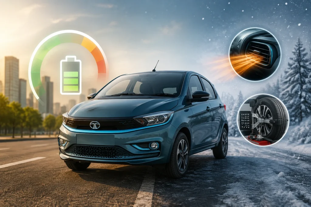Tata Tiago.ev on a winter road showing EV battery range, cabin heater, and wheel alignment concept.