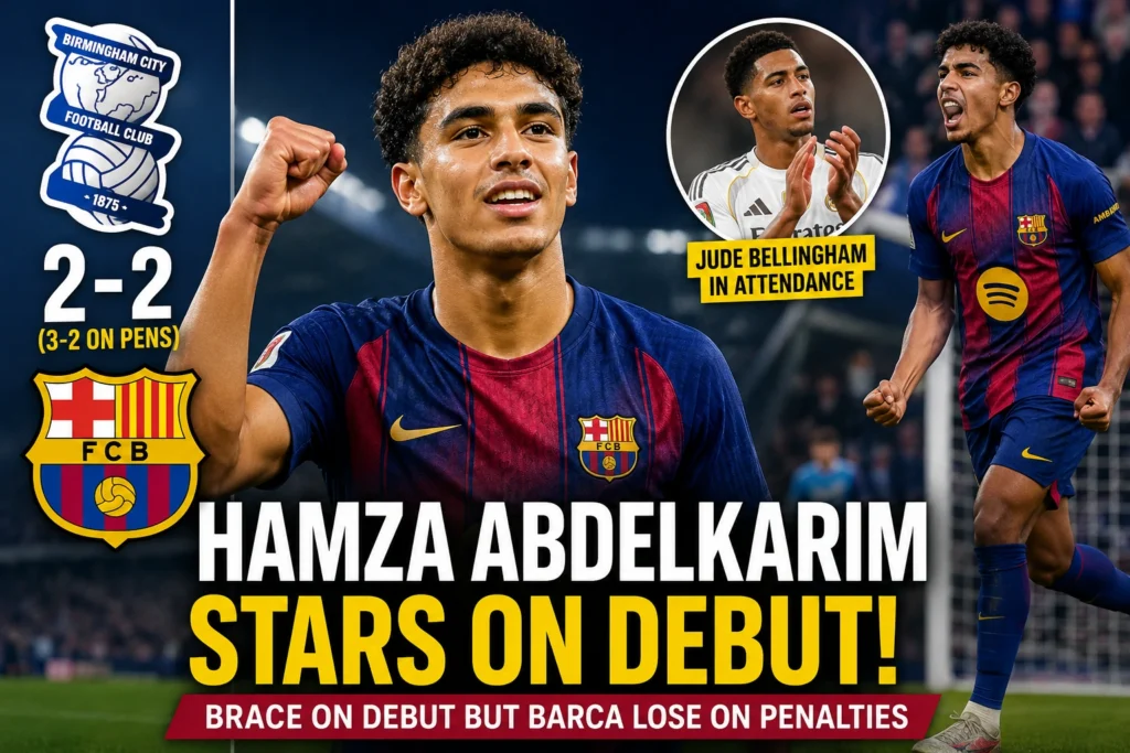 Hamza Abdelkarim celebrates after scoring twice on his Barcelona debut against Birmingham City in a pre-season friendly.