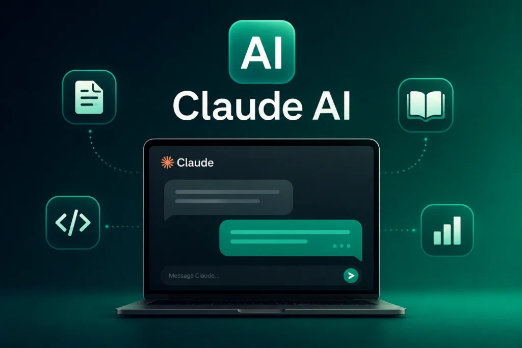 Claude AI interface displayed on a laptop with AI technology icons, representing the Claude AI complete guide and features in 2026.
