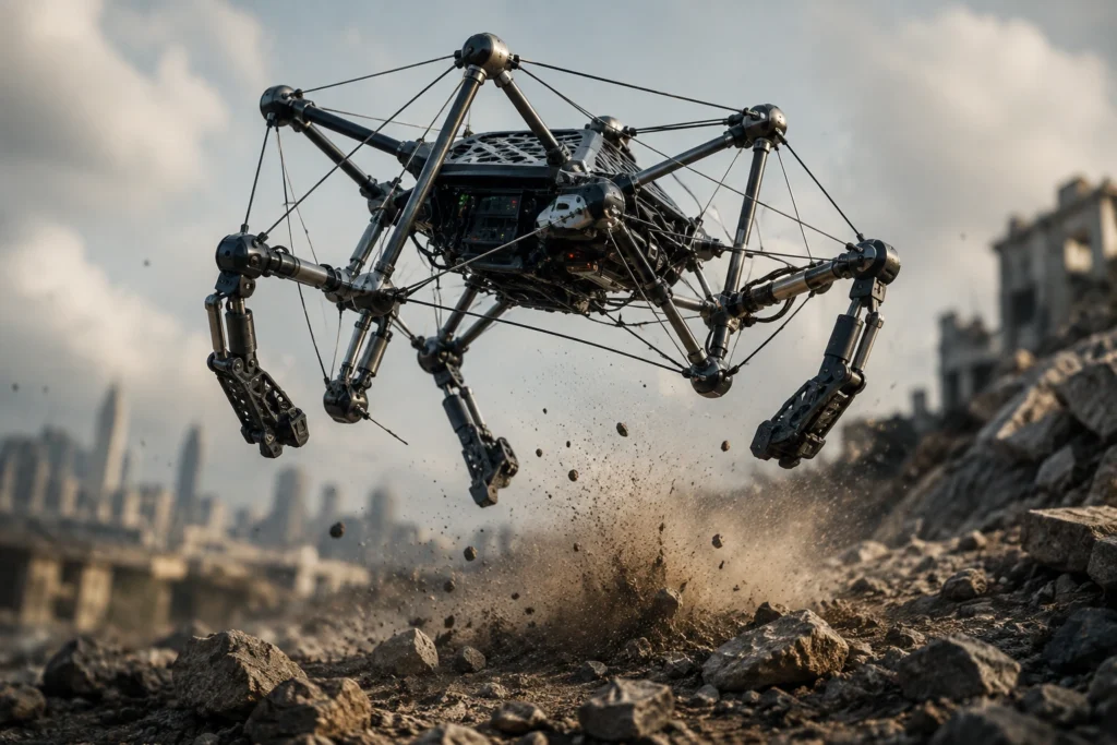 Tensegrity robot surviving a high-impact drop on rocky terrain