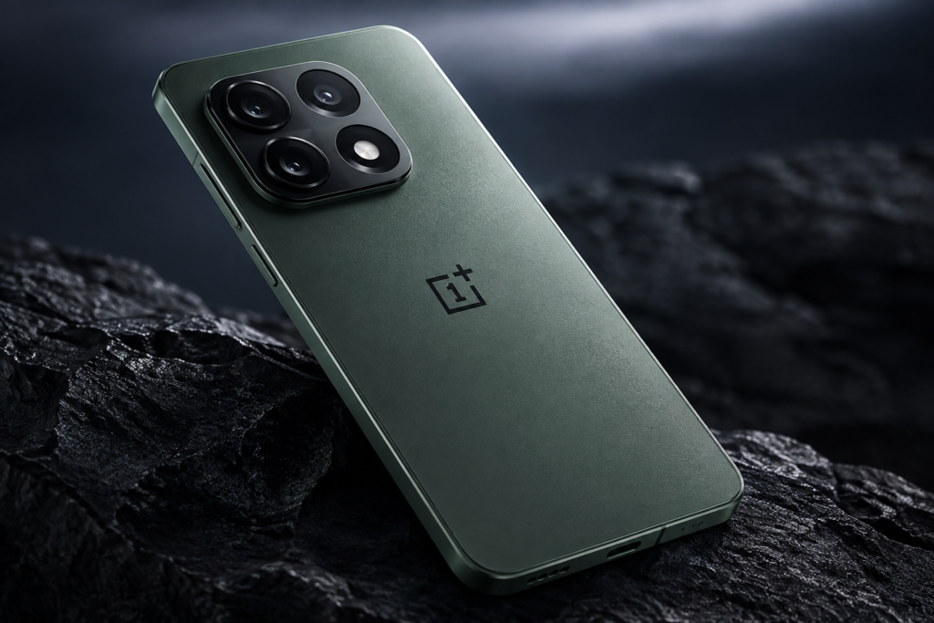 OnePlus 16 expected flagship smartphone with a premium design, triple rear camera setup, and sleek green finish featured in a studio-style product image.