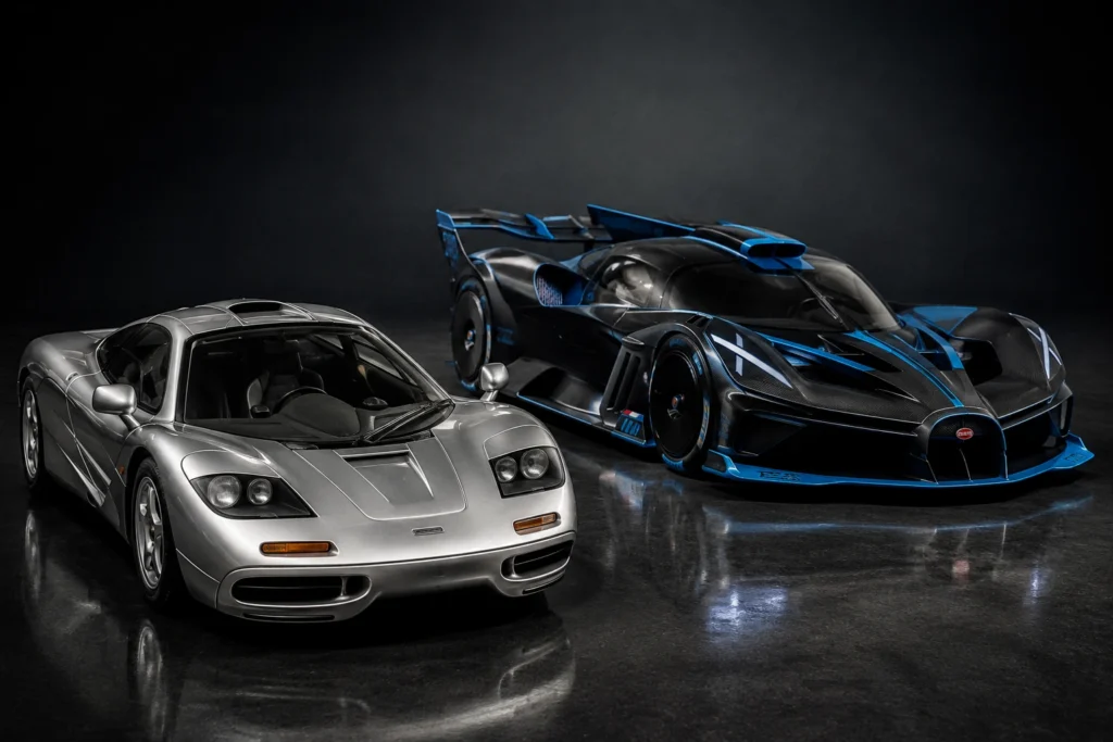 McLaren F1 and Bugatti Bolide die-cast models