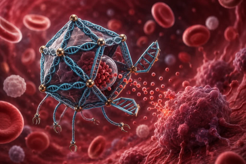 DNA Robot bloodstream ke andar cancer cell ko target karke medicine release karta hua programmable nanobot.