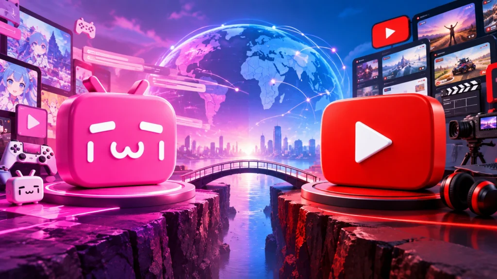 Bilibili Go Global vs YouTube futuristic 3D illustration with a pink Bilibili mascot and red YouTube play button.