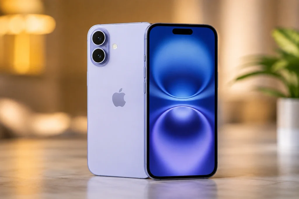 Apple iPhone 16 smartphone in a clean studio setup with front and back views.
