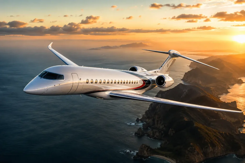 Dassault Falcon 10X private jet flying over the ocean