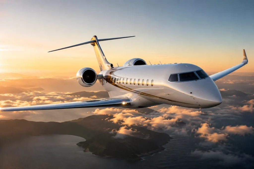 Bombardier Global 8000 flying above clouds at sunset