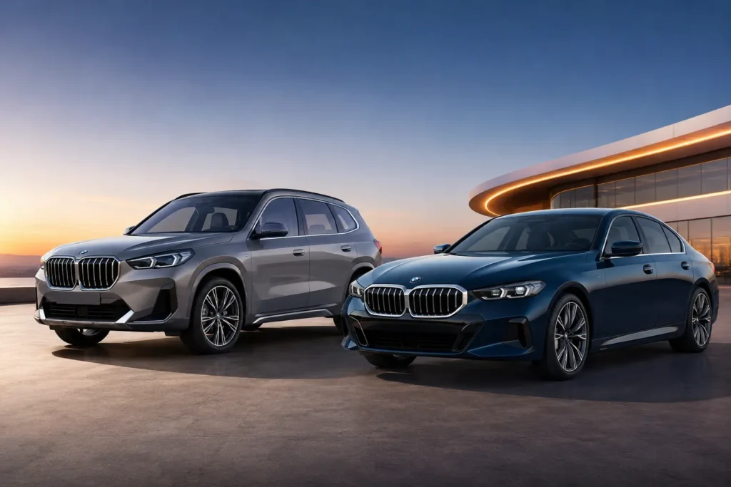 BMW X1 Long Wheelbase aur BMW i5 Long Wheelbase India launch feature image with luxury SUV and electric sedan