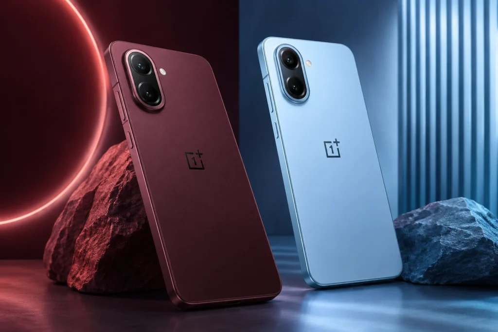 OnePlus N6x in Burgundy Red and Ice Blue colors with dual rear cameras showcased in a premium studio setup.