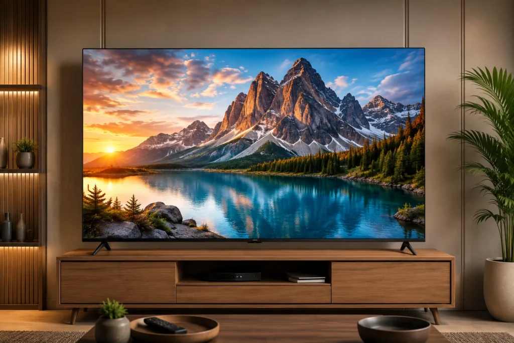 Haier P7 Pro 75-inch 4K Smart TV in a modern living room.