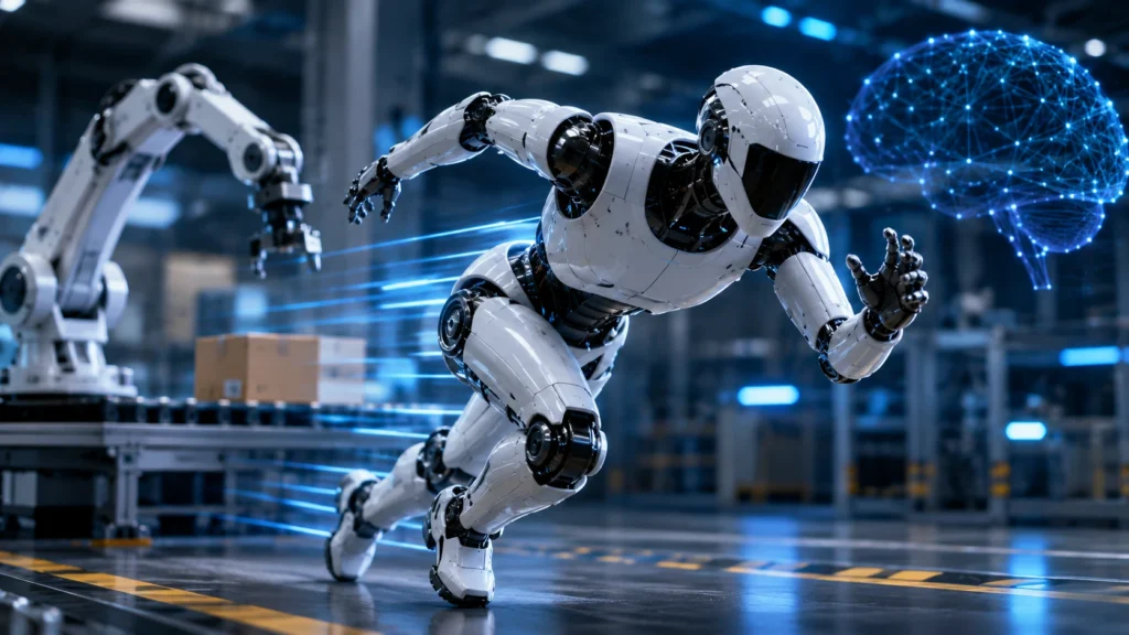 Humanoid robot sprinting inside a futuristic AI robotics laboratory with robotic arms.