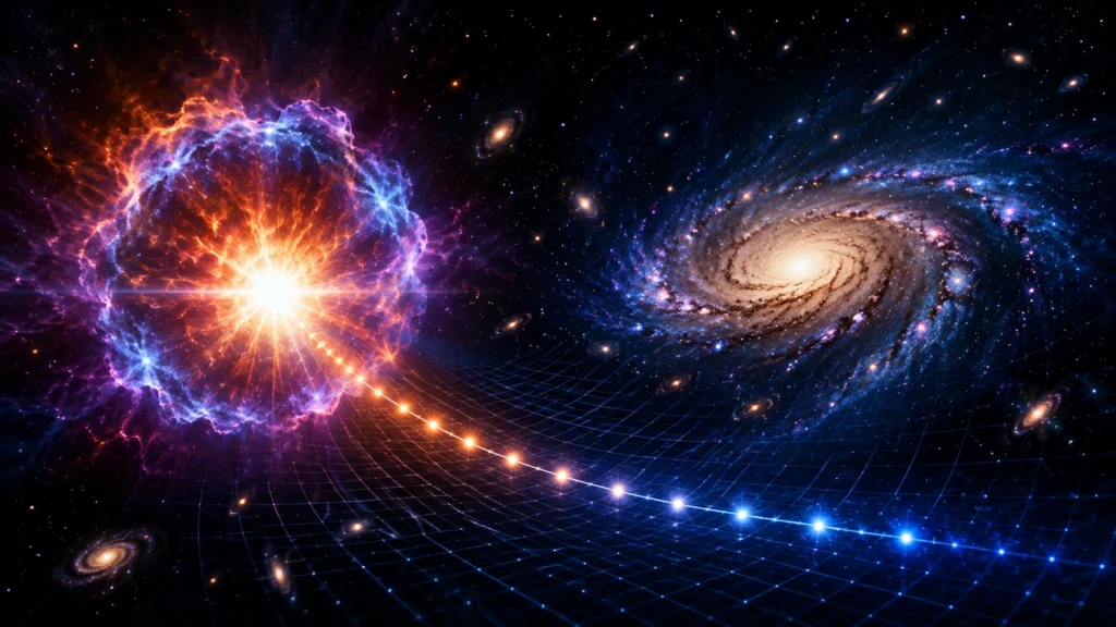 AI-powered illustration of a Type Ia Supernova exploding near a spiral galaxy, showing Dark Energy research and the expanding universe.