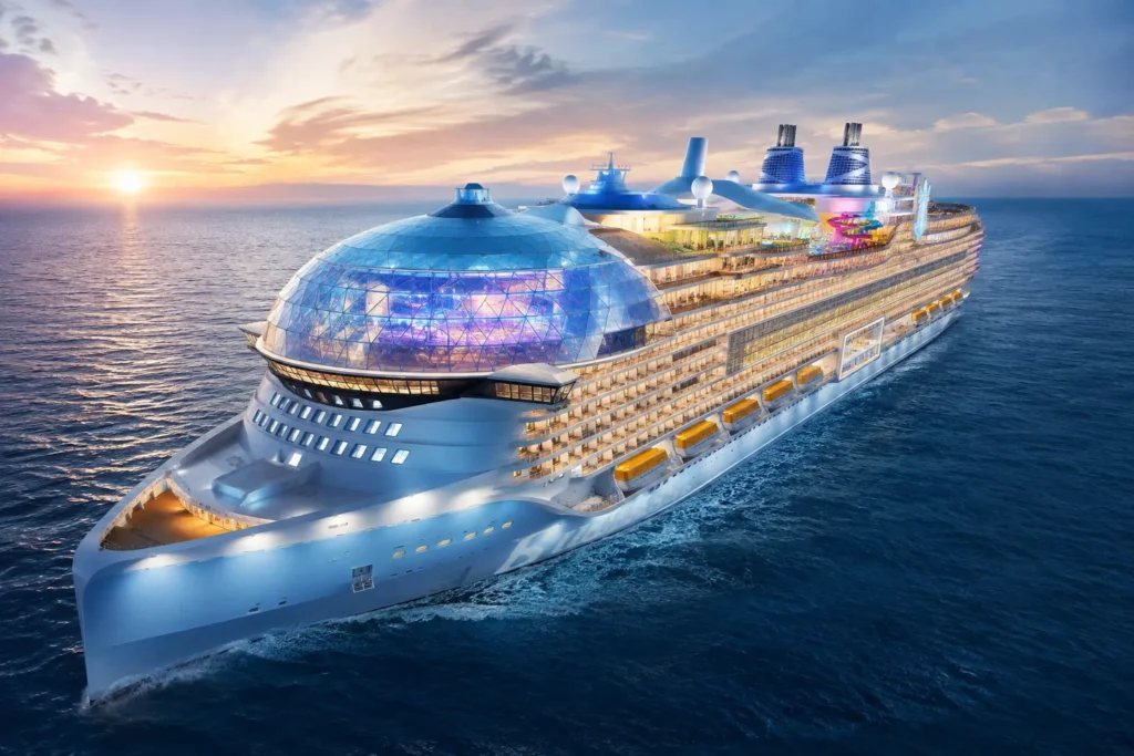 Icon of the Seas, the world's largest luxury cruise ship, sailing across the ocean during sunset with its modern design and illuminated decks.